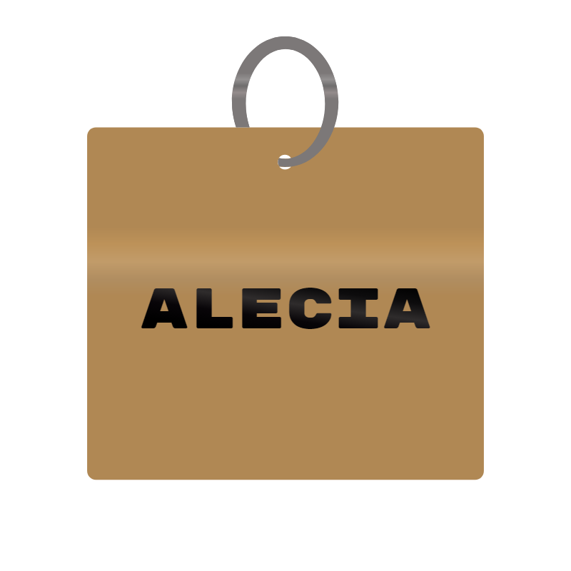 Alecia Engraved on Keychain in MDF 4cm x 4cm x 3mm