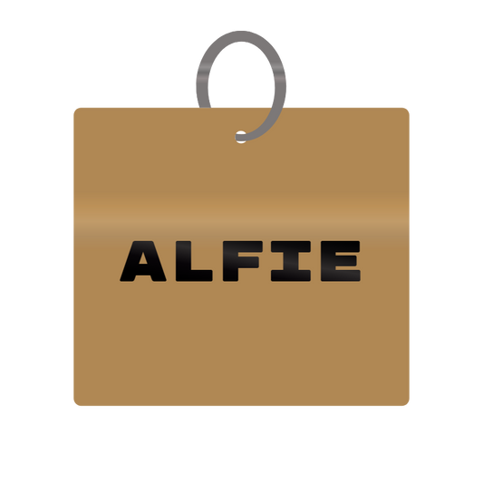 Alfie Engraved on Keychain in MDF 4cm x 4cm x 3mm