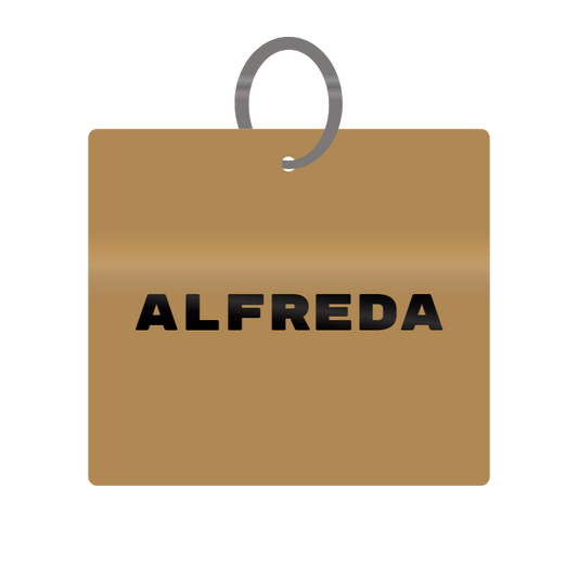 Alfreda Engraved on Keychain in MDF 4cm x 4cm x 3mm