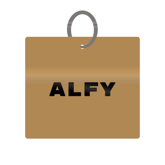 Alfy Engraved on Keychain in MDF 4cm x 4cm x 3mm