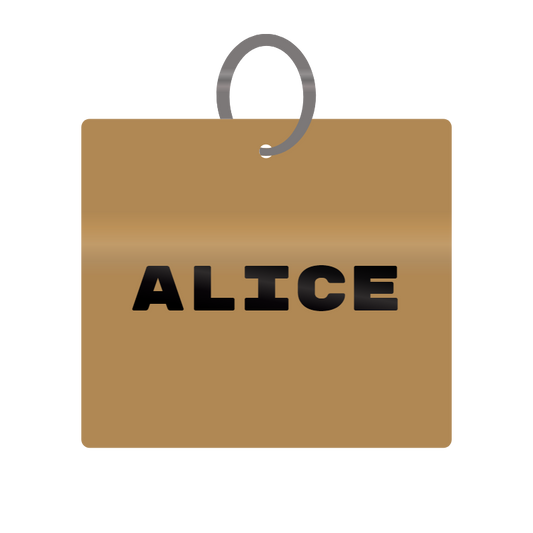 Alice Engraved on Keychain in MDF 4cm x 4cm x 3mm