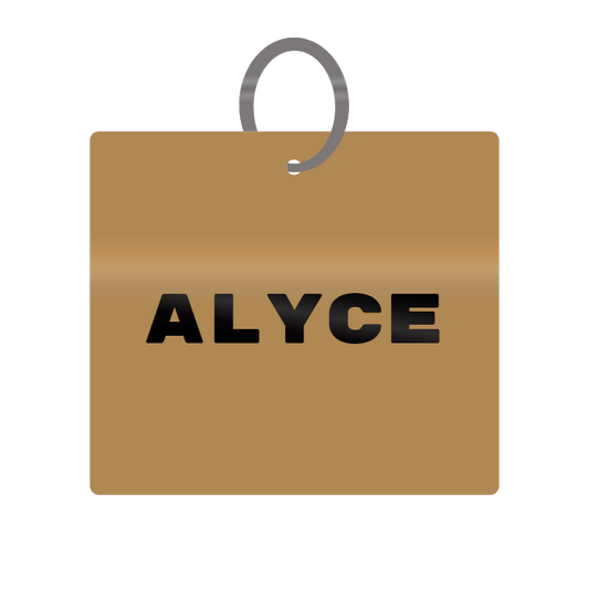 Alyce Engraved on Keychain in MDF 4cm x 4cm x 3mm