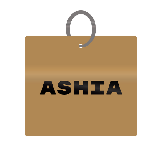 Ashia Engraved on Keychain in MDF 4cm x 4cm x 3mm