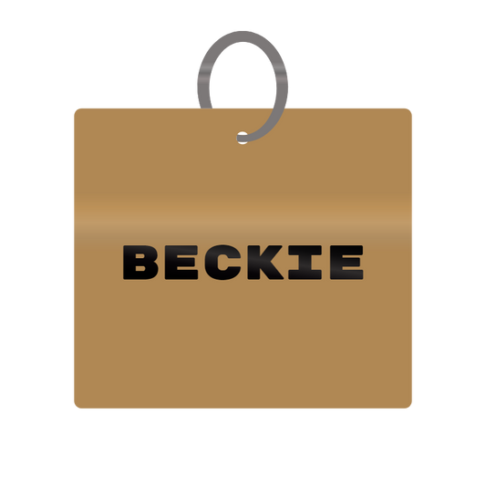 Beckie Engraved on Keychain in MDF 4cm x 4cm x 3mm