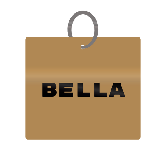 Bella Engraved on Keychain in MDF 4cm x 4cm x 3mm