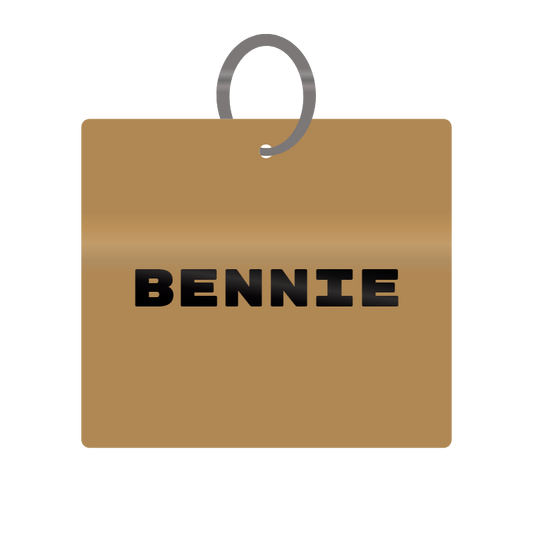 Bennie Engraved on Keychain in MDF 4cm x 4cm x 3mm