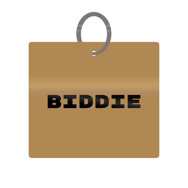 Biddie Engraved on Keychain in MDF 4cm x 4cm x 3mm