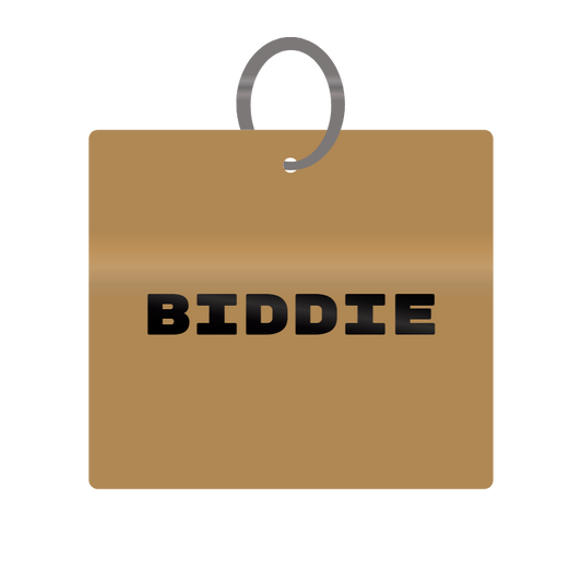 Biddie Engraved on Keychain in MDF 4cm x 4cm x 3mm