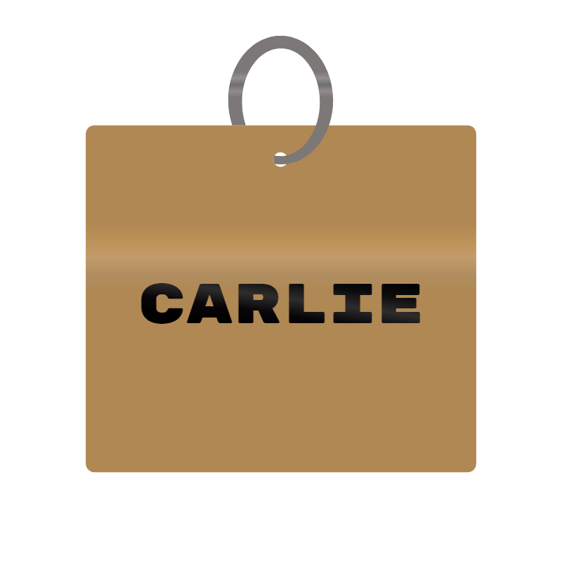 Carlie Engraved on Keychain in MDF 4cm x 4cm x 3mm