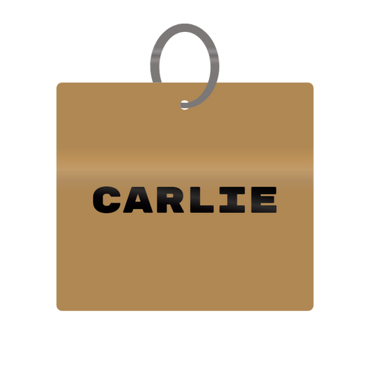 Carlie Engraved on Keychain in MDF 4cm x 4cm x 3mm