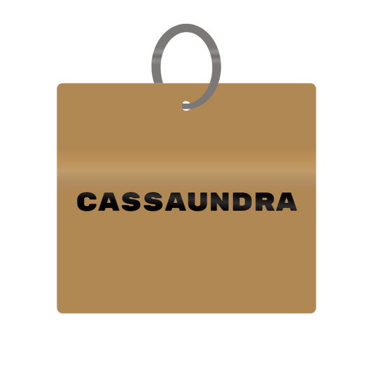 Cassaundra Engraved on Keychain in MDF 4cm x 4cm x 3mm