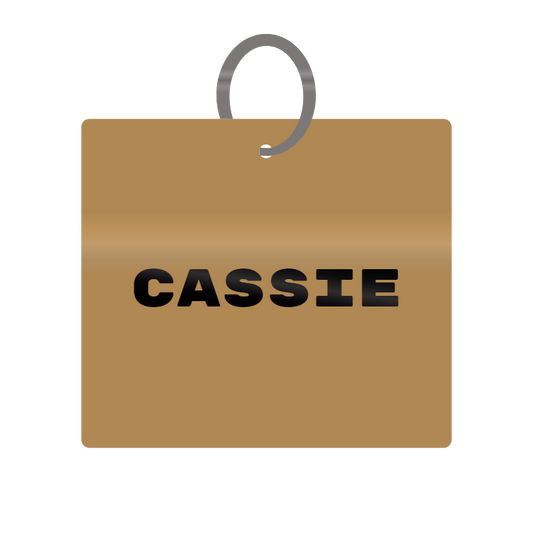 Cassie Engraved on Keychain in MDF 4cm x 4cm x 3mm