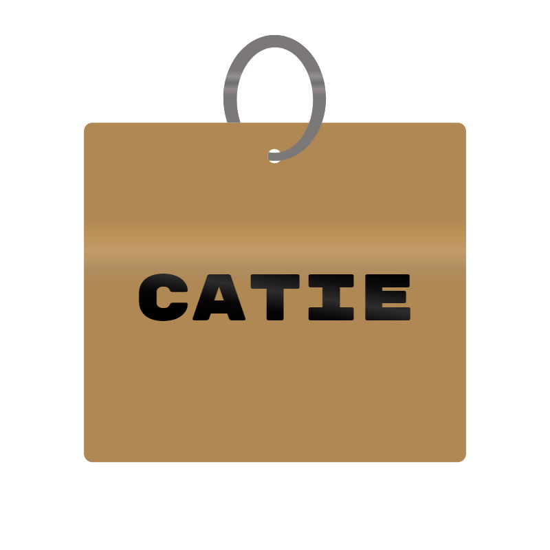 Catie Engraved on Keychain in MDF 4cm x 4cm x 3mm