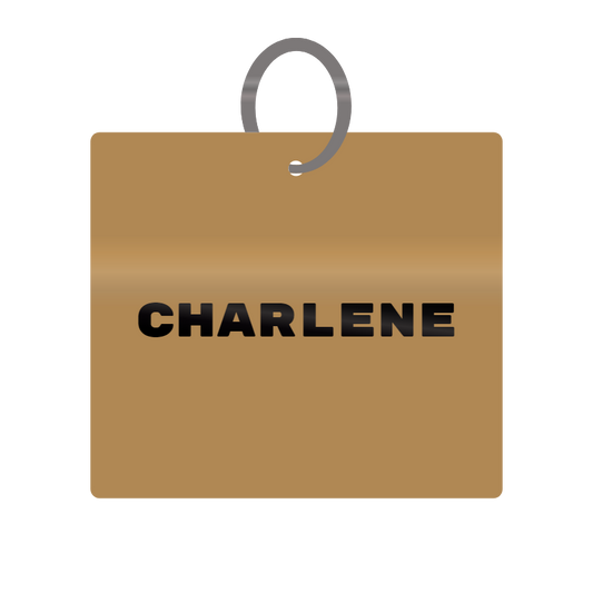 Charlene Engraved on Keychain in MDF 4cm x 4cm x 3mm