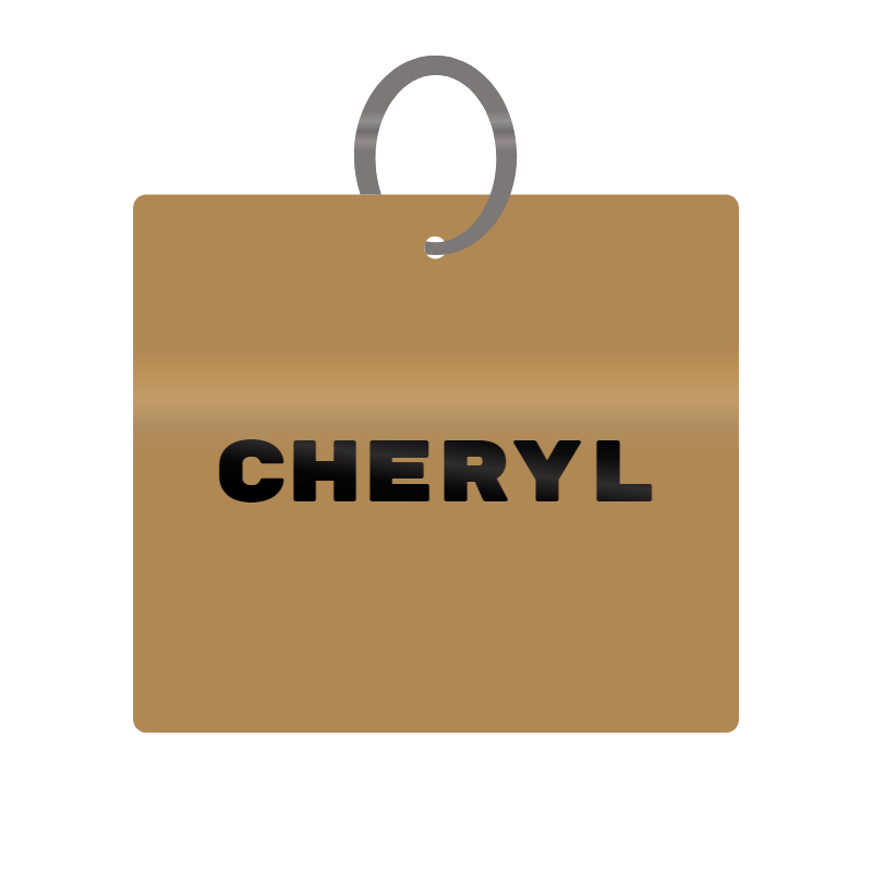 Cheryl Engraved on Keychain in MDF 4cm x 4cm x 3mm