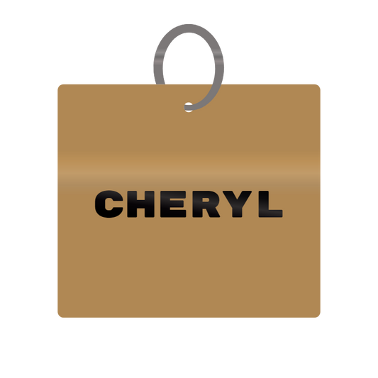 Cheryl Engraved on Keychain in MDF 4cm x 4cm x 3mm